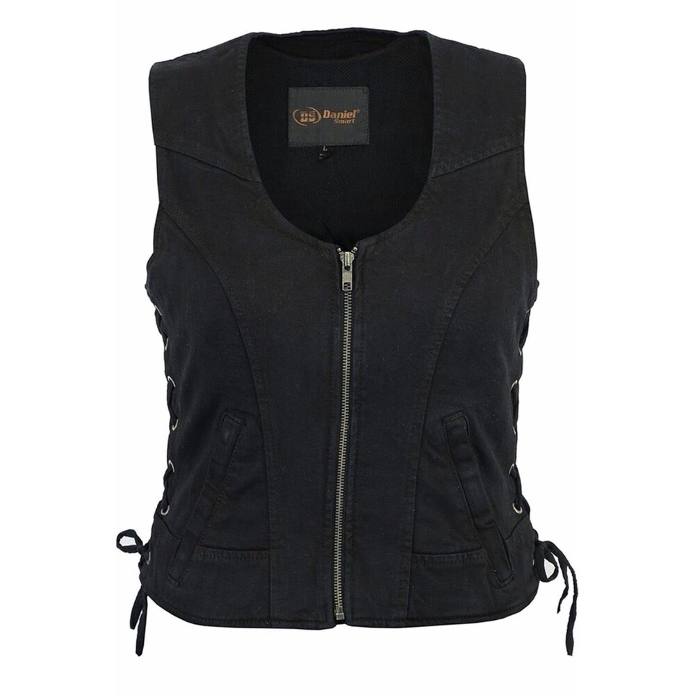 Daniel Smart Women's Black Denim Motorcycle Vest, V-Neck with Side Laces,